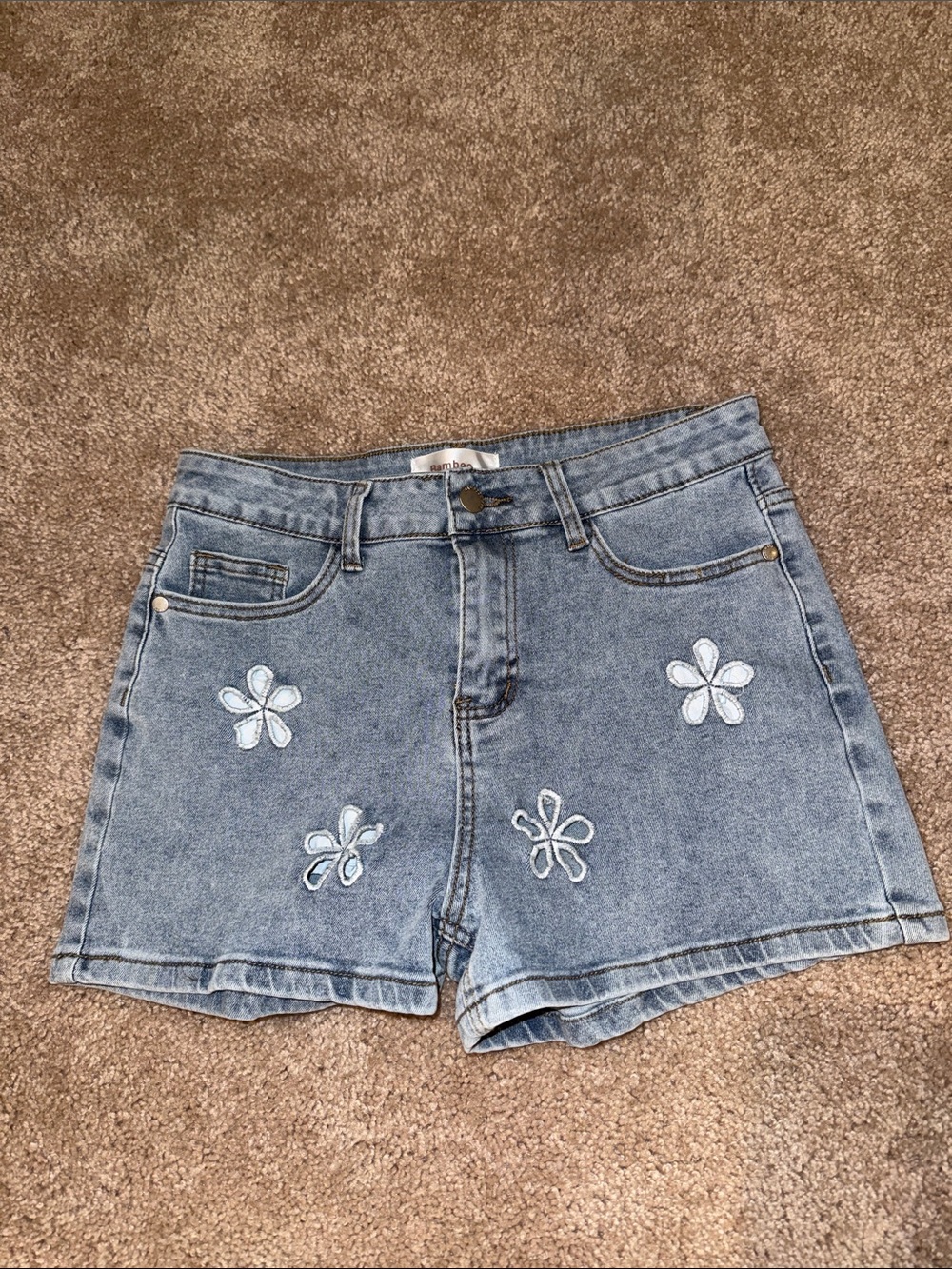 BAMBOO Light Blue Denim Shorts with White Flower Embroidery